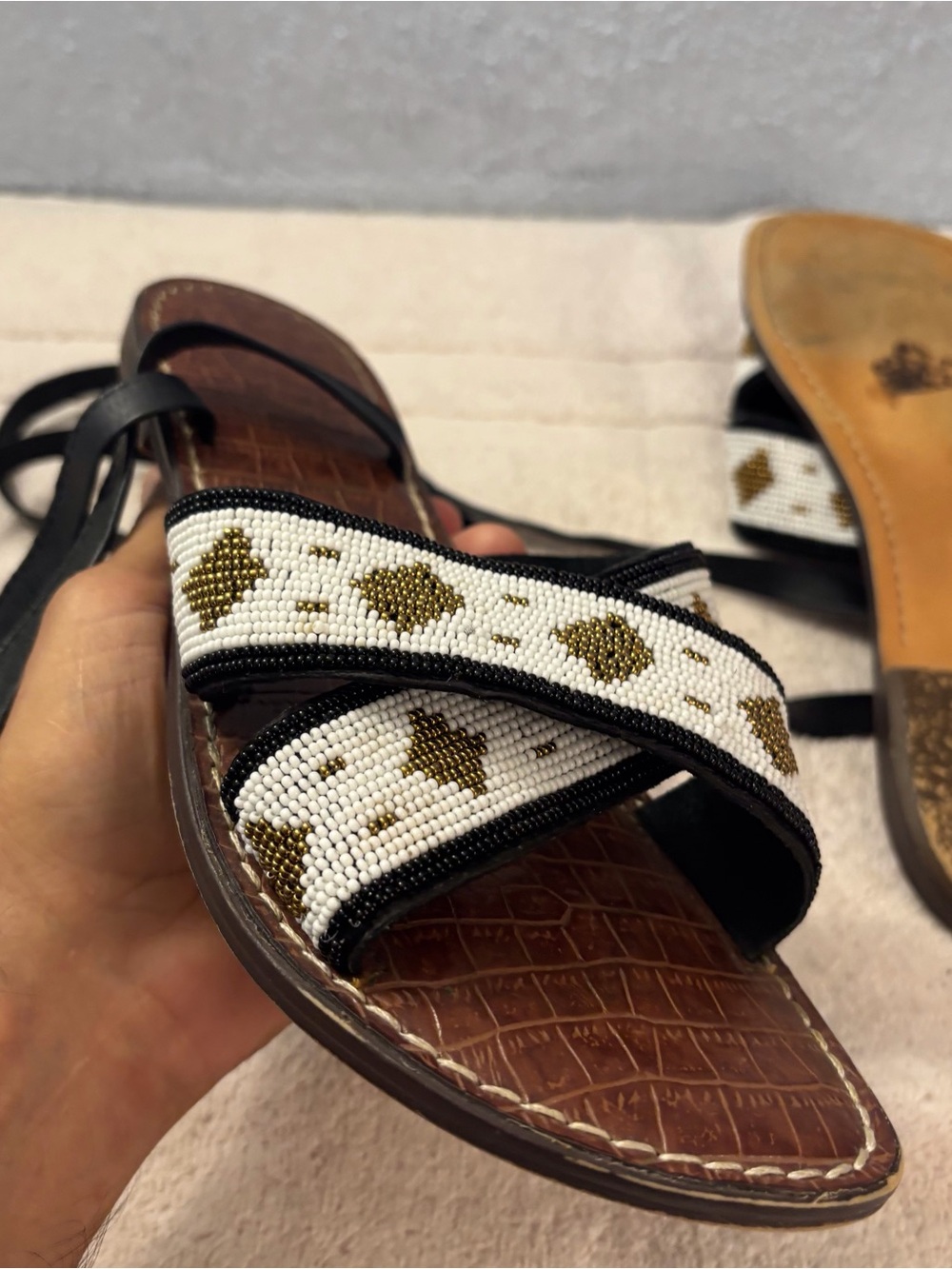 Sam Edelman Brown Leather Slide Sandals with White and Gold Beaded Straps - Picture 10 of 12